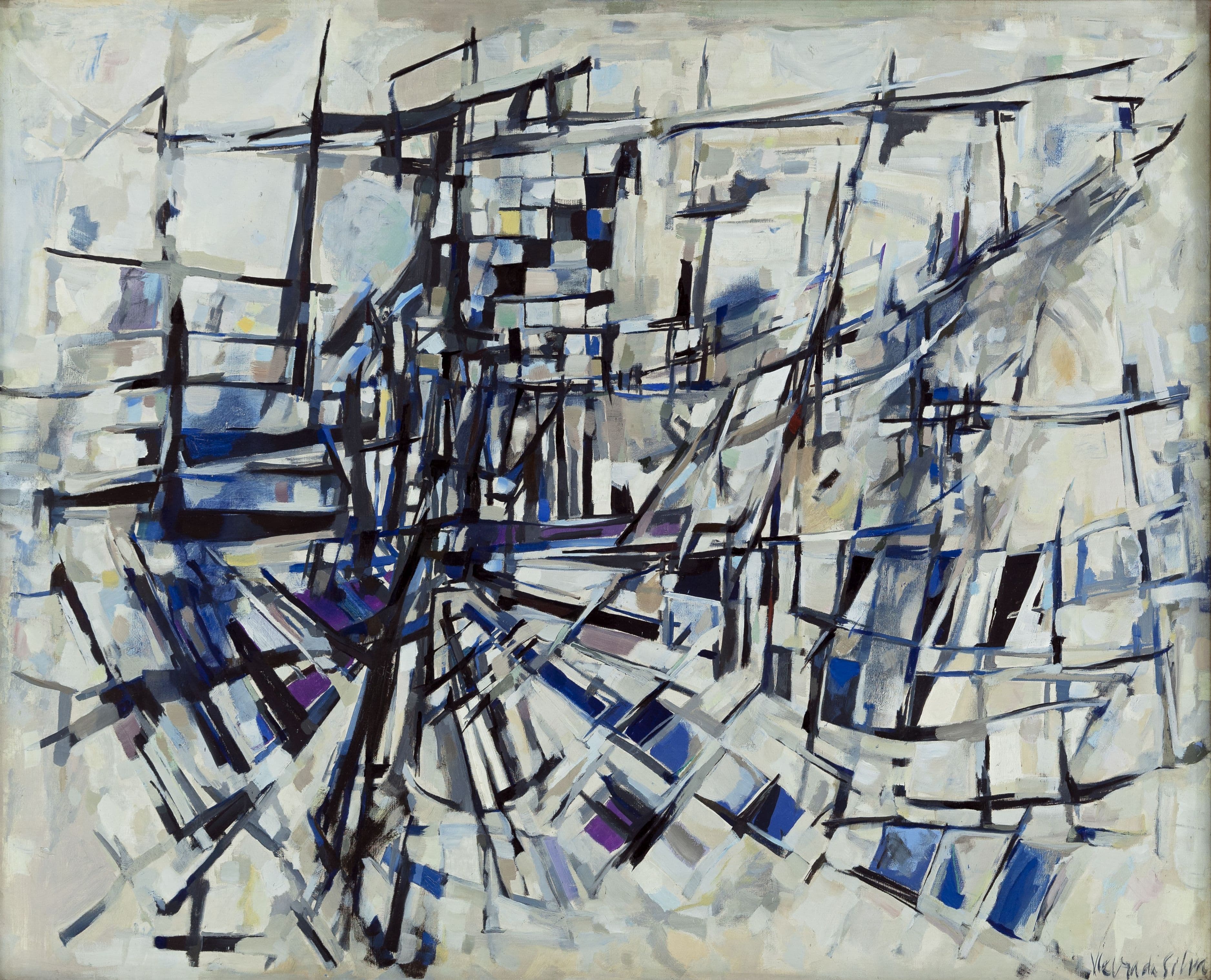 Abstract painting with intersecting black lines and geometric shapes in shades of blue, gray, and white, creating a dynamic, fragmented pattern.