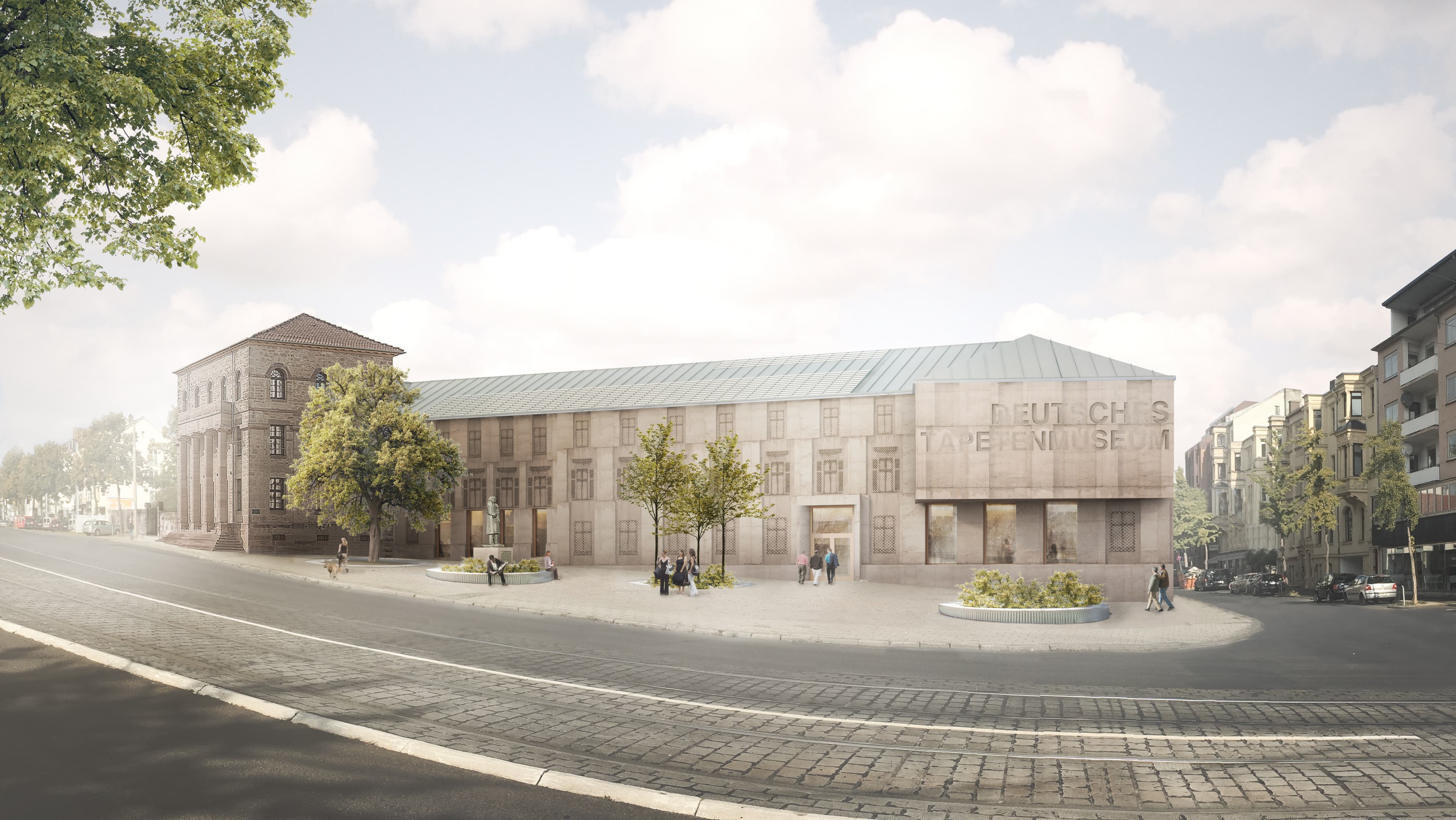 Modernes Gebäude mit Backsteinfassade und großen Fenstern, neben einem historischen Gebäude, in einer von Bäumen gesäumten Straße mit Fußgängern.