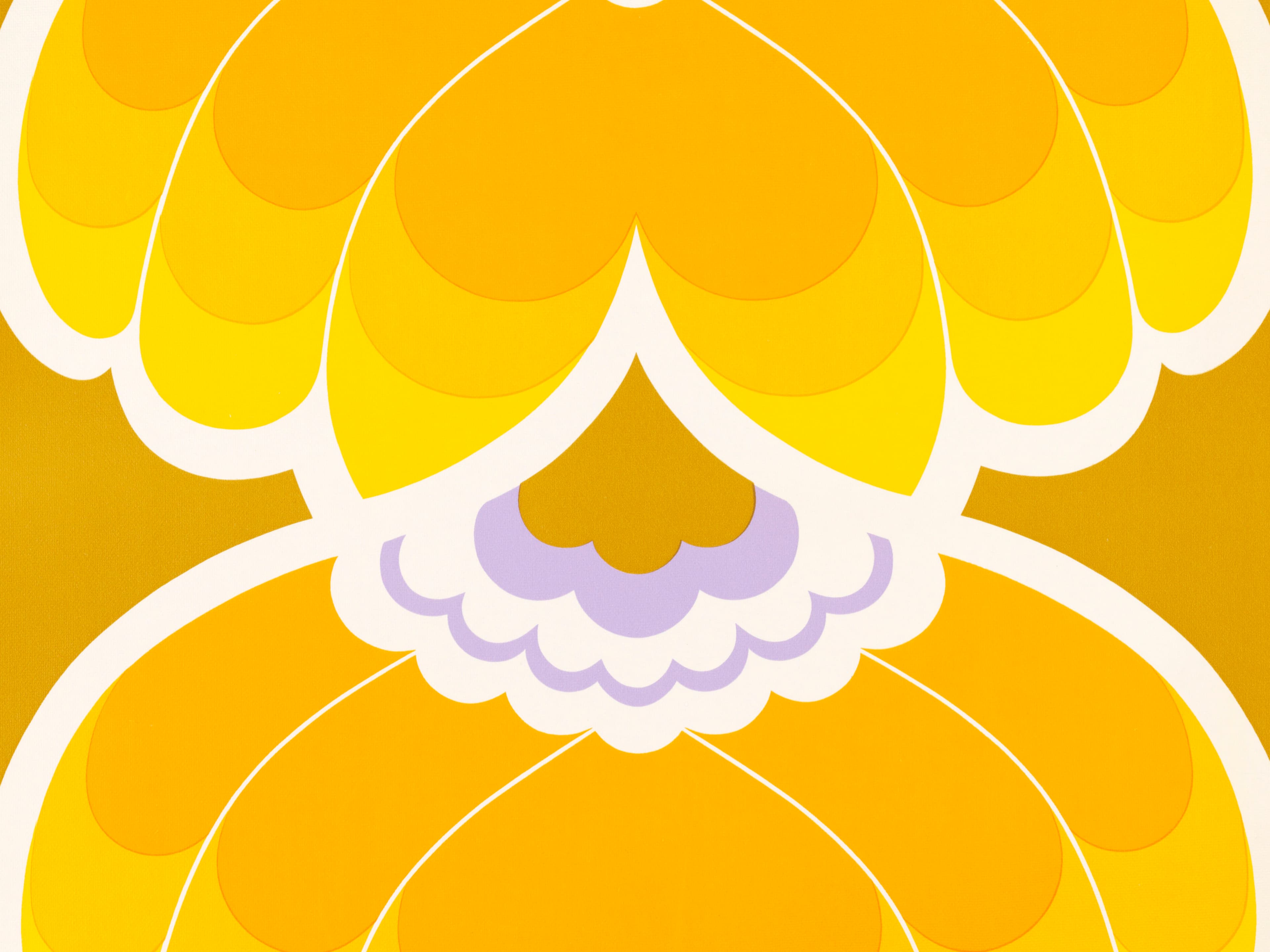 Abstract design with overlapping yellow and white scalloped shapes, resembling a symmetrical floral pattern, on a mustard background.