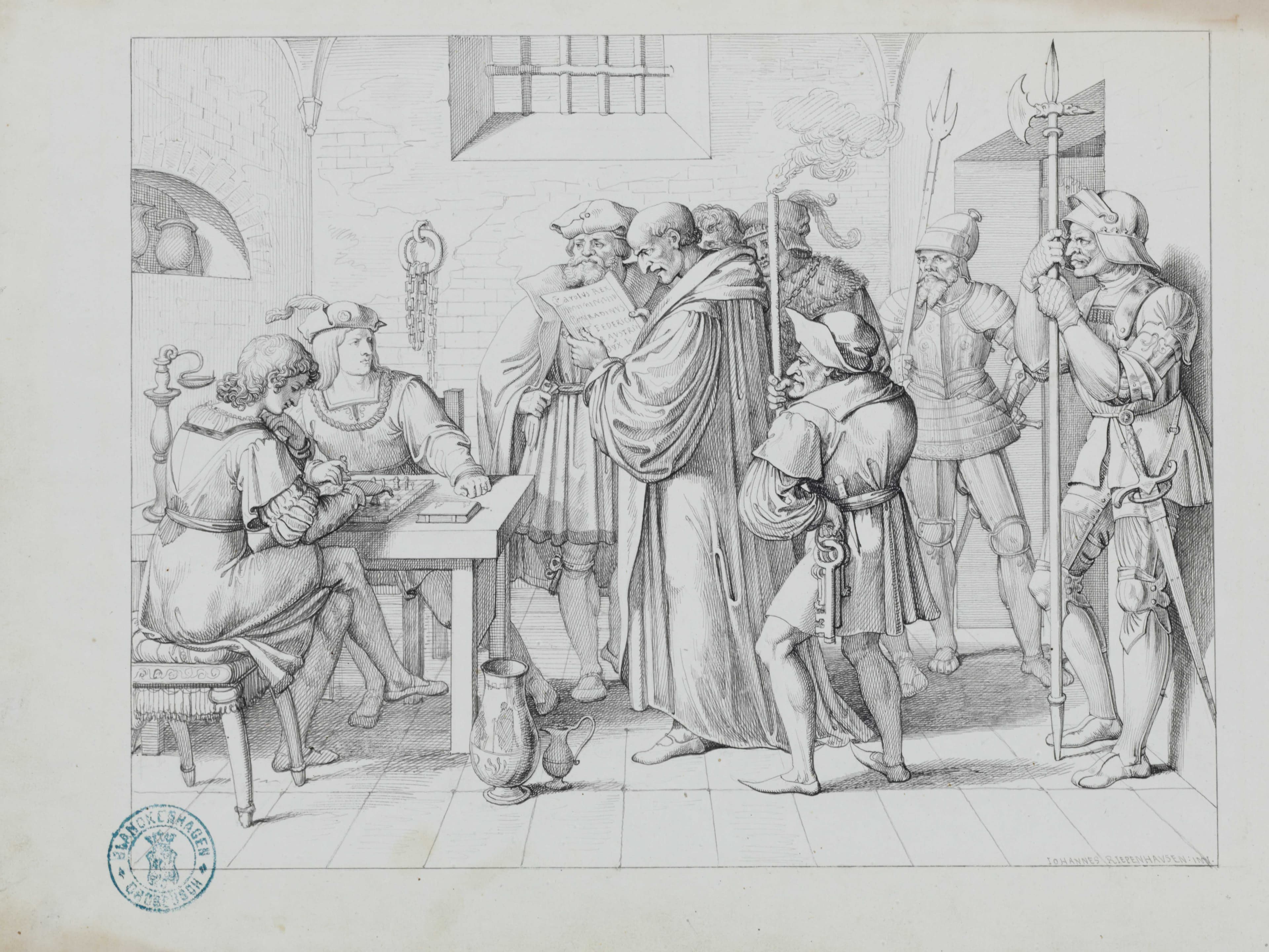 Eine historische Szene mit Männern in mittelalterlicher Kleidung, von denen einige mit Dokumenten an einem Tisch sitzen, andere mit Waffen in einem Raum mit Steinwänden stehen.