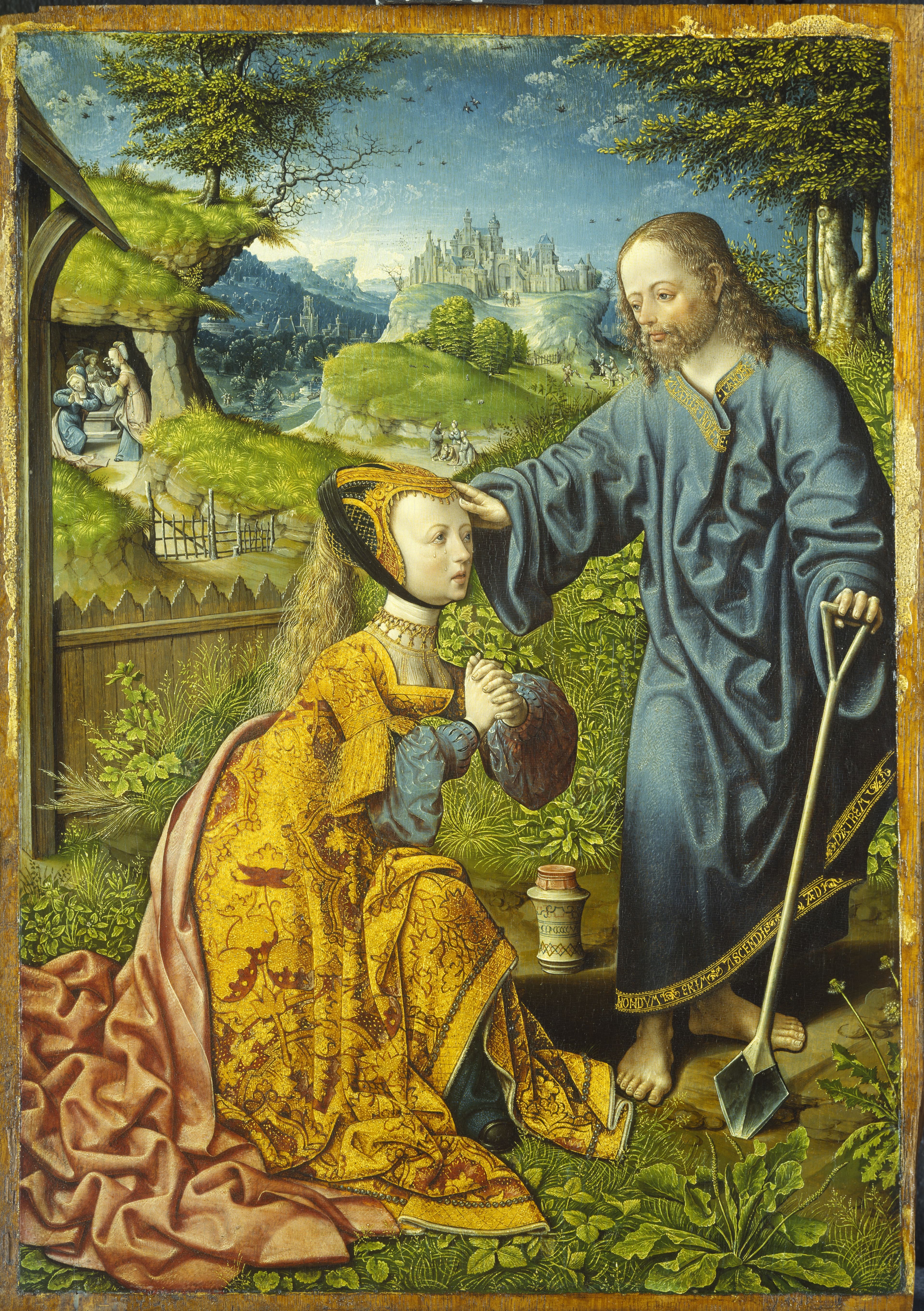 Two juxtaposed pictures: On the left, a painting showing Jesus Christ blessing a well-dressed woman, embedded in nature, a fortress in the background; the picture on the right appears to be a photograph. On the right, a standing man with an indefinable garden tool, next to him a squatting woman in yellow dungarees, embedded in nature, with a fortress in the background.