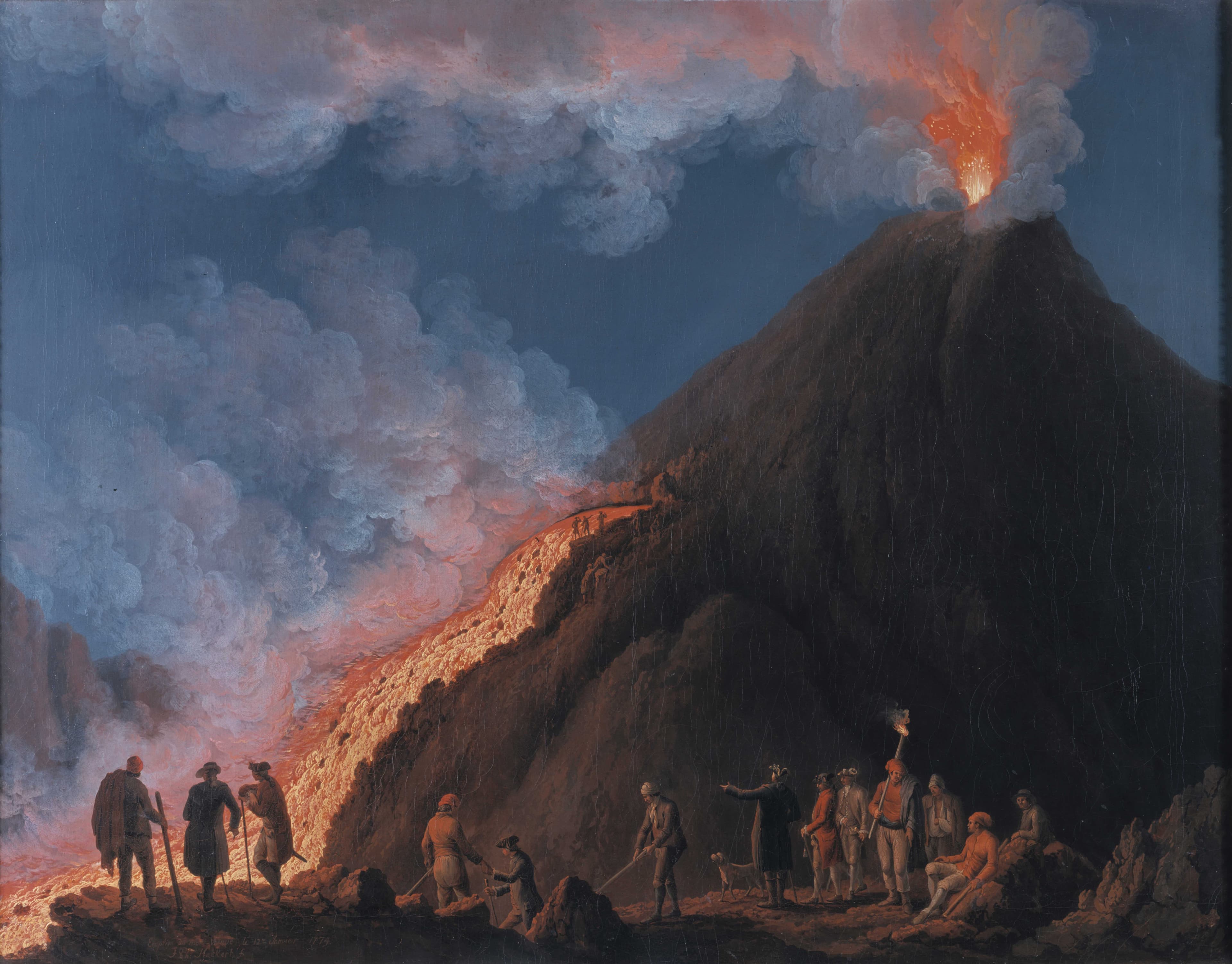 Painting of people observing at erupting volcano at night, with smoke and lava flowing down the slope, under a dark blue sky.