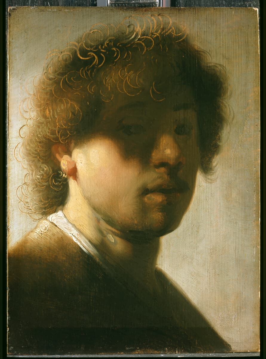 Gemälde eines jungen Mannes mit lockigem Haar, teilweise im Schatten. Sein Gesichtsausdruck ist nachdenklich, der Hintergrund ist sanft beleuchtet.